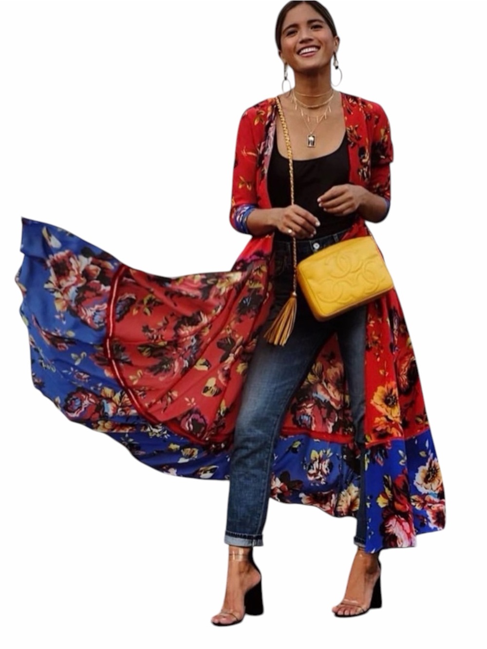 We Are Leone Silk Maxi Dress Duster Red Floral Peony Contrast NWT S/M Boho